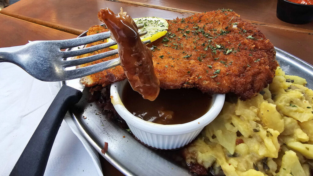 The delicious gravay with the pork schnitzel at Urban German Wursthaus in St Johns