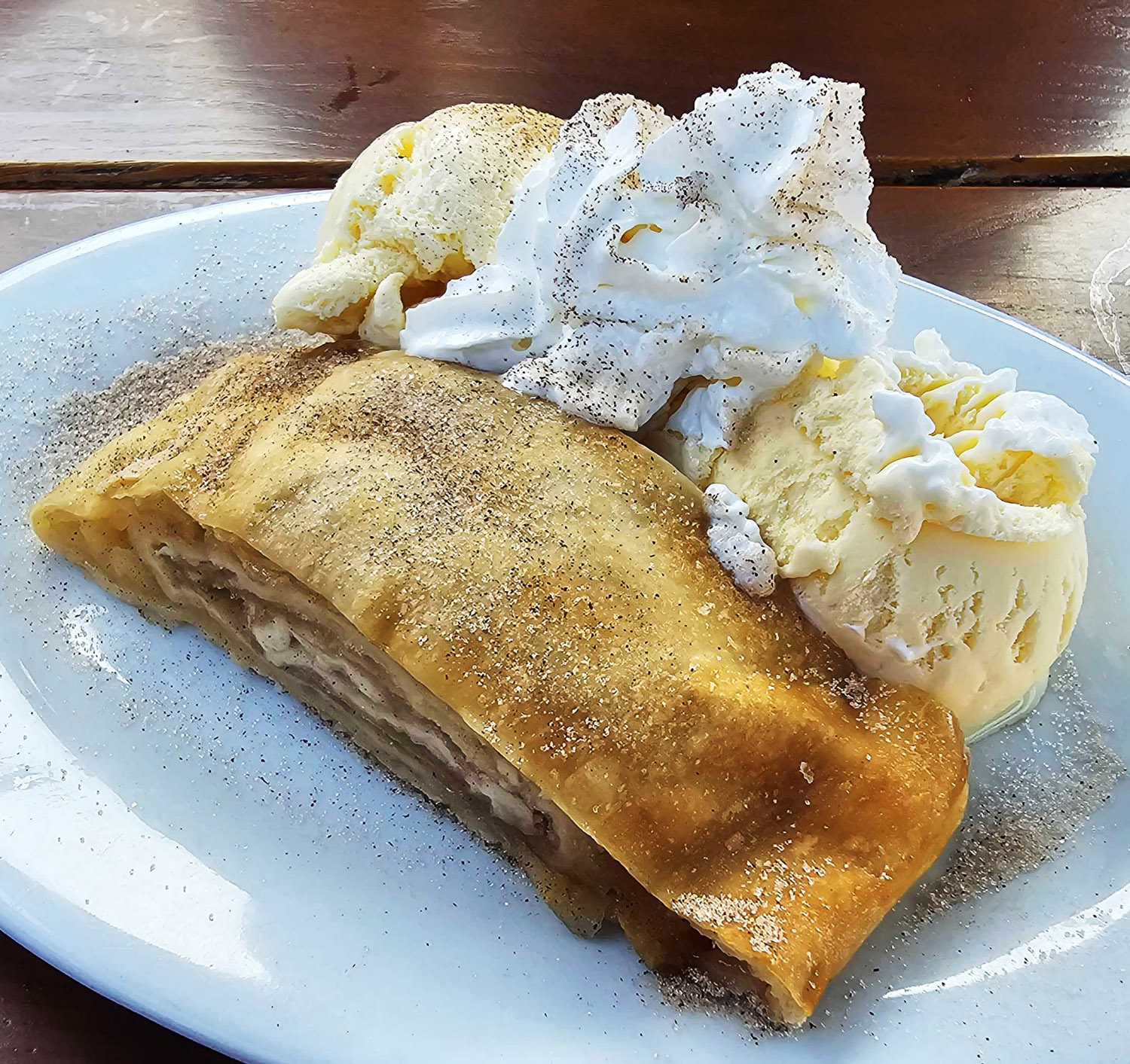Amazing authentic apple strudel served with ice cream at Urban German Wursthaus in St Johns