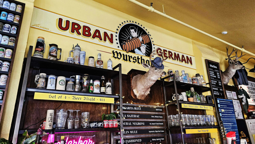 Quirky decor above the bar at Urban German Wursthaus in St Johns