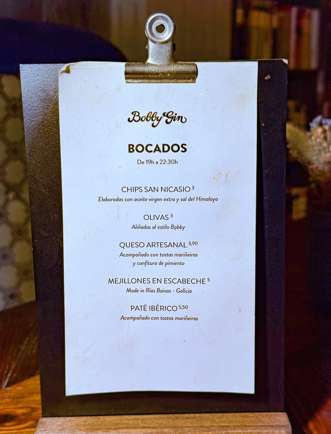 Bobby Gin Barcelona Food Menu